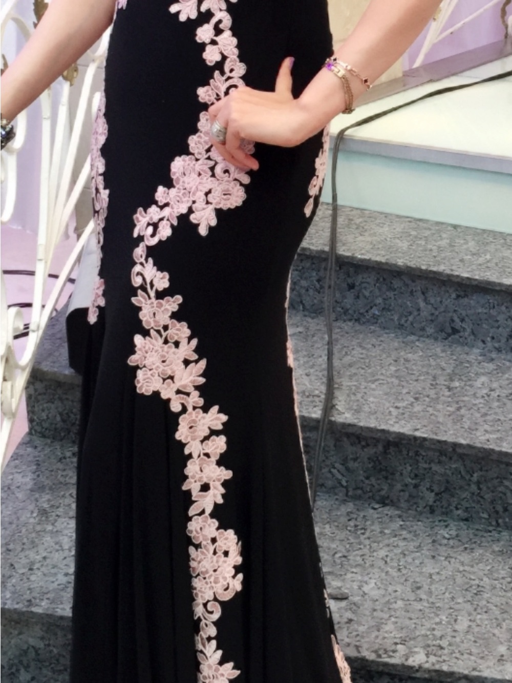 Black Evening Gown with Pink Lace Appliqué